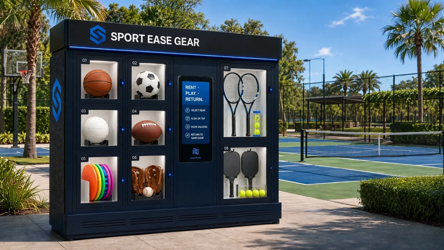 Concept rendering of a Sport Ease Gear equipment station at a resort pool